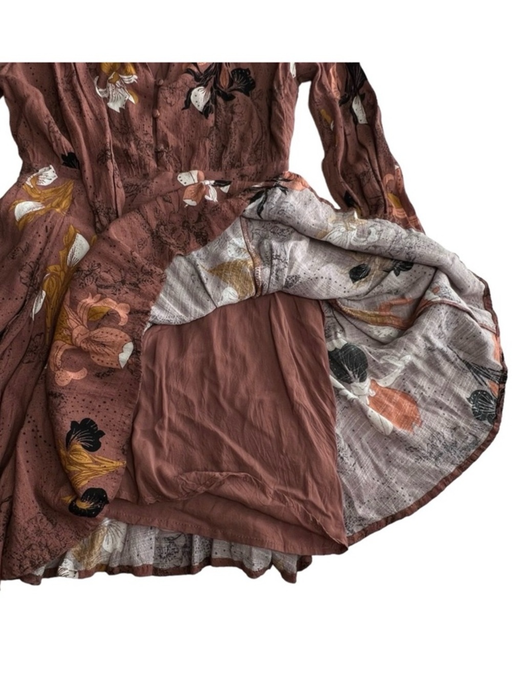 Free People Mauve Floral Long-Sleeve Tie-Neck Dress - Picture 3 of 6